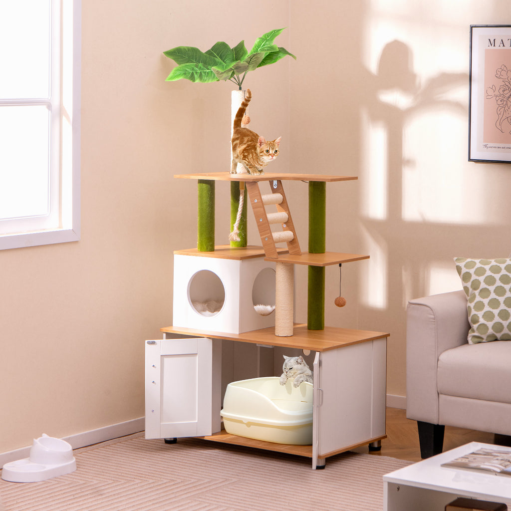 White Hidden Cat Washroom with Cat Tower & Climbing Ladder - Indoor Pet Furniture