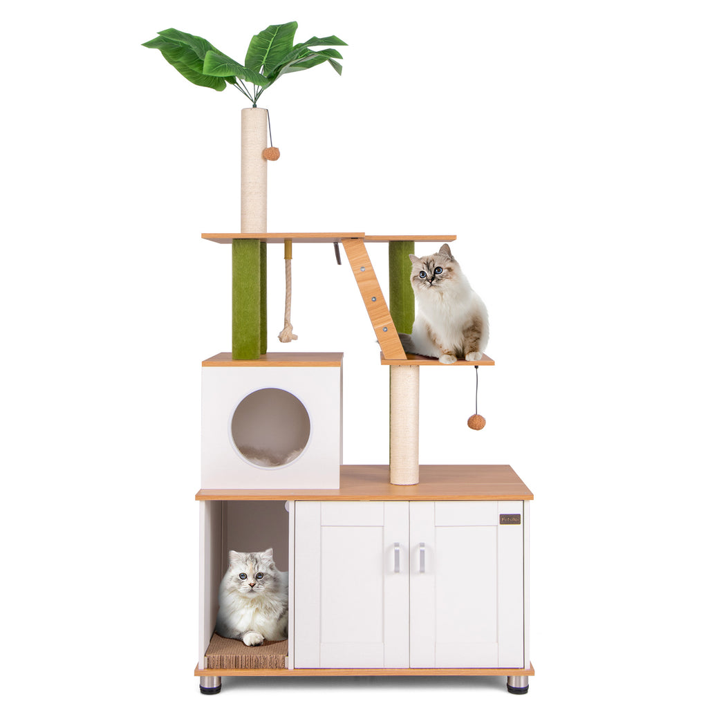 White Hidden Cat Washroom with Cat Tower & Climbing Ladder - Indoor Pet Furniture