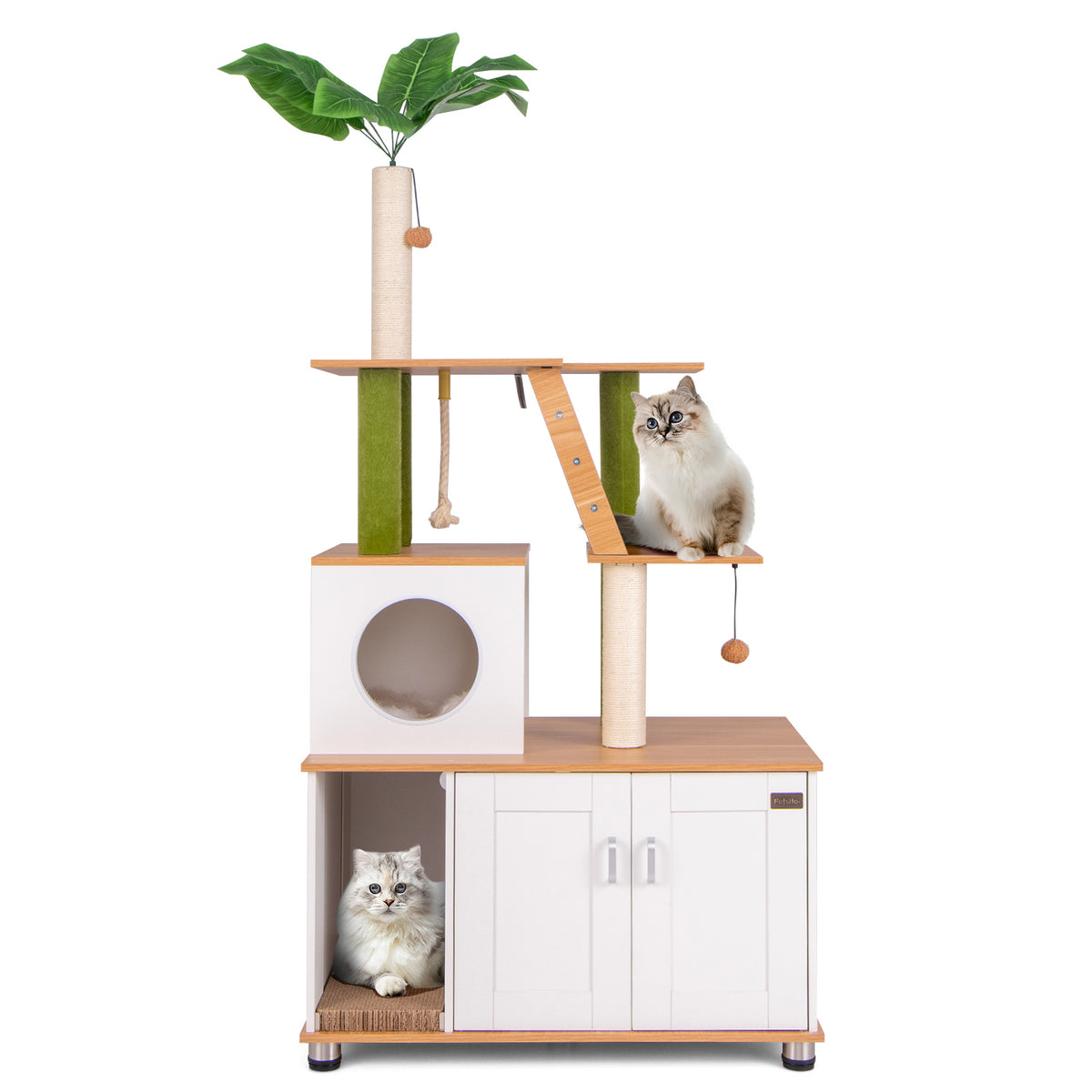 White Hidden Cat Washroom with Cat Tower & Climbing Ladder - Indoor Pet Furniture