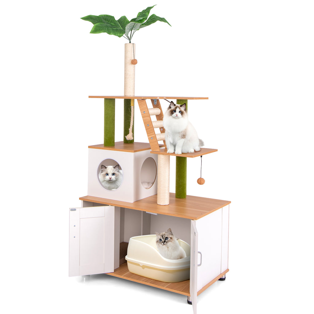 White Hidden Cat Washroom with Cat Tower & Climbing Ladder - Indoor Pet Furniture