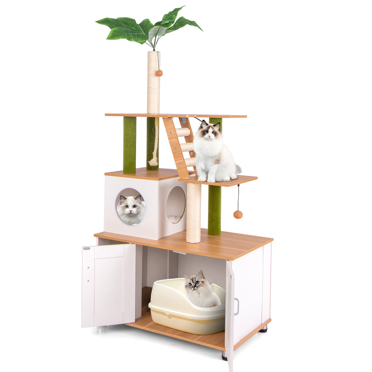 White Hidden Cat Washroom with Cat Tower & Climbing Ladder - Indoor Pet Furniture