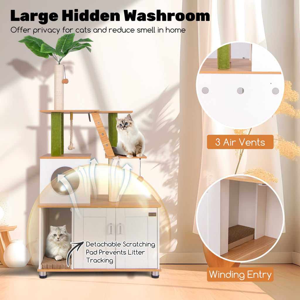 White Hidden Cat Washroom with Cat Tower & Climbing Ladder - Indoor Pet Furniture