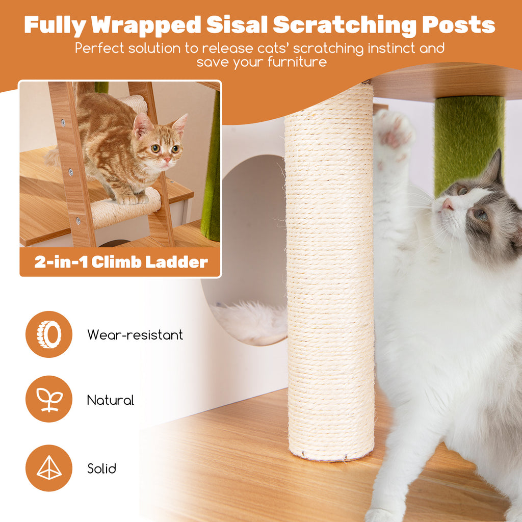 White Hidden Cat Washroom with Cat Tower & Climbing Ladder - Indoor Pet Furniture
