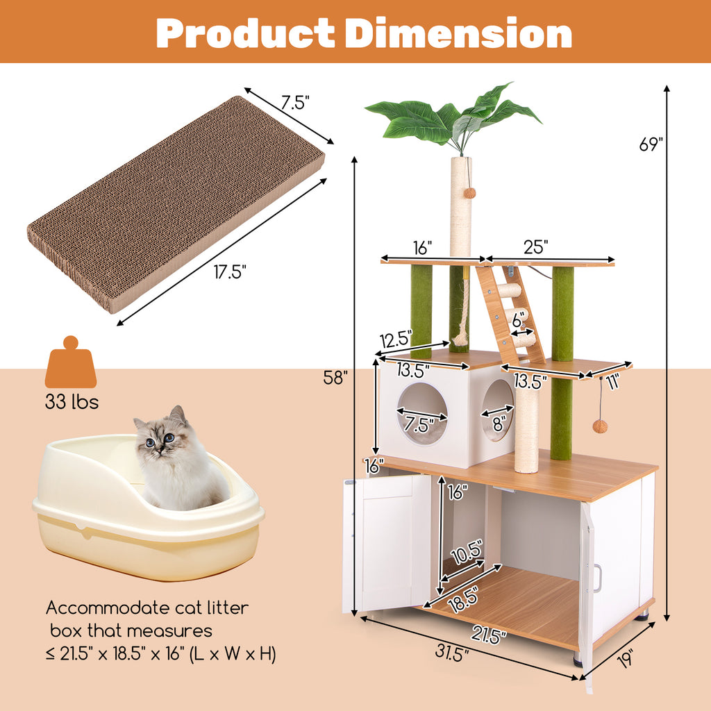 White Hidden Cat Washroom with Cat Tower & Climbing Ladder - Indoor Pet Furniture