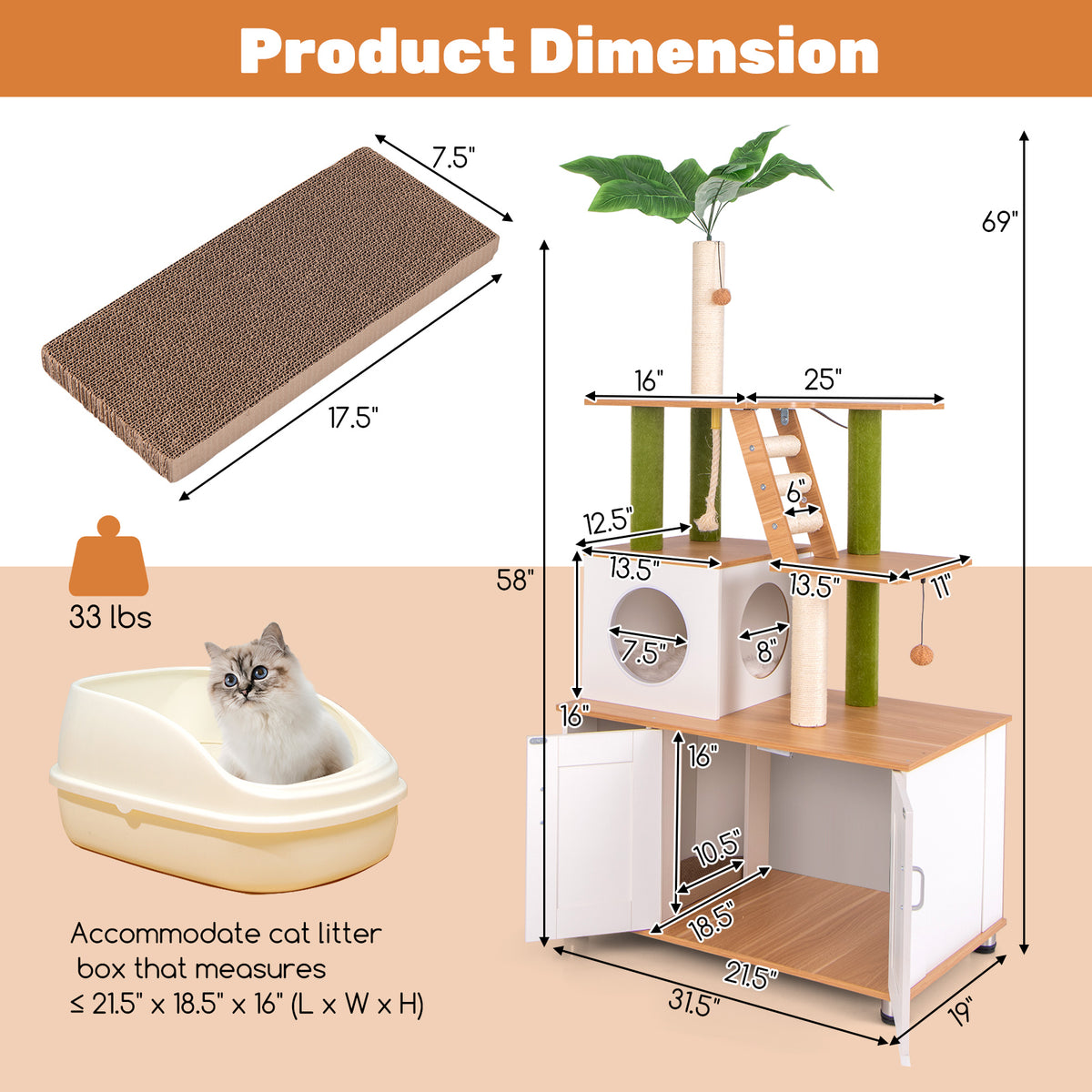 White Hidden Cat Washroom with Cat Tower & Climbing Ladder - Indoor Pet Furniture