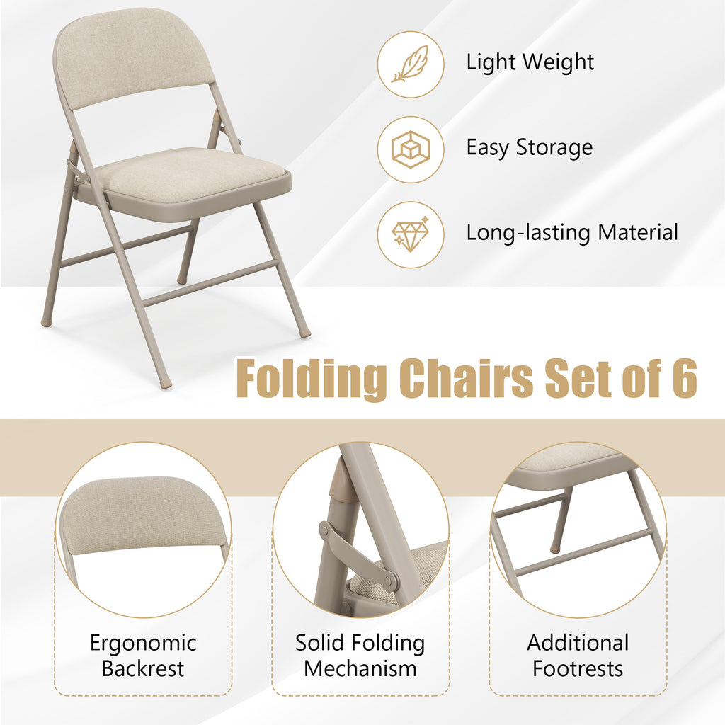 Foldable Chair Set of 6 with Padded Seat and Fabric Backrest