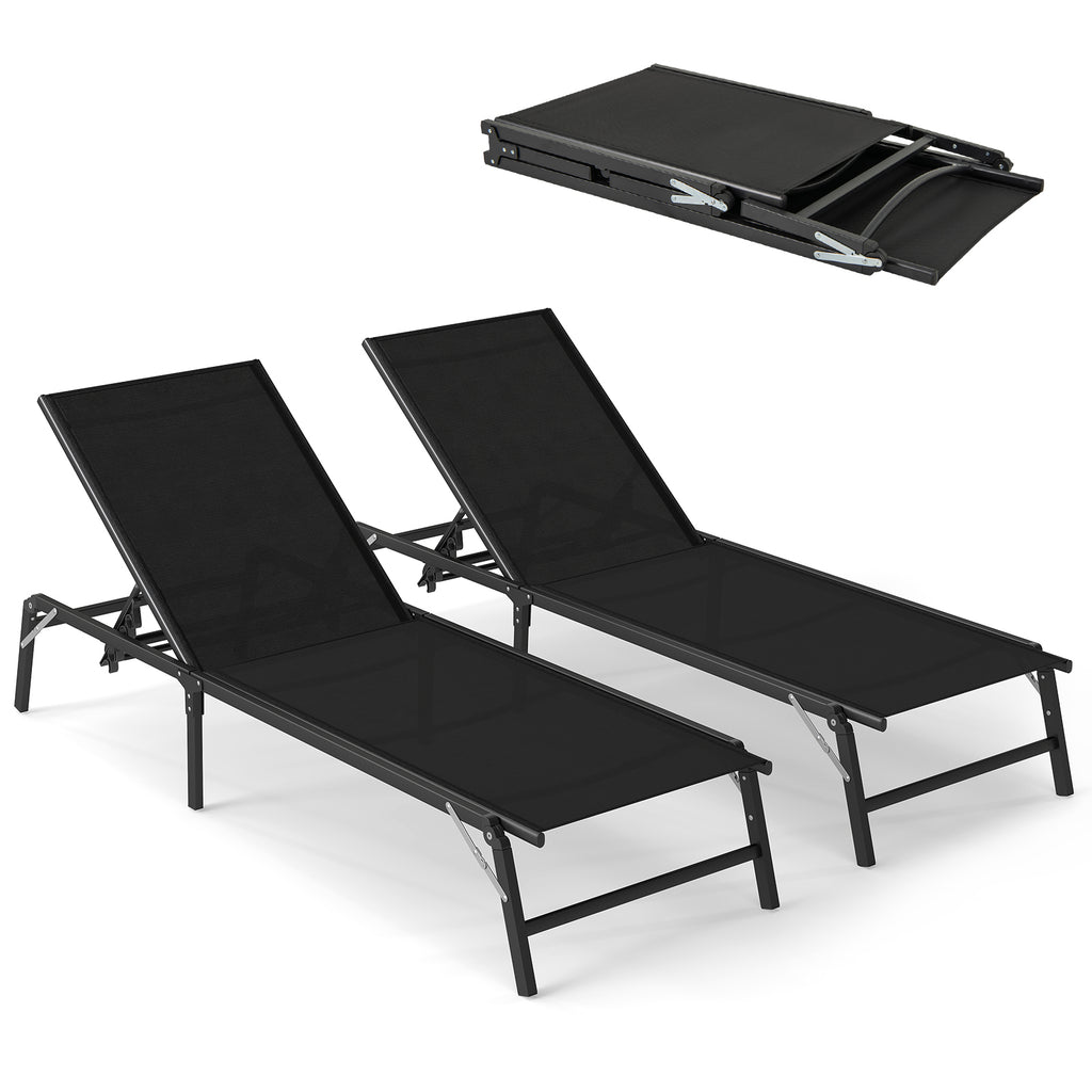 Foldable Patio Chaise Lounge Chair Set of 2 - Black