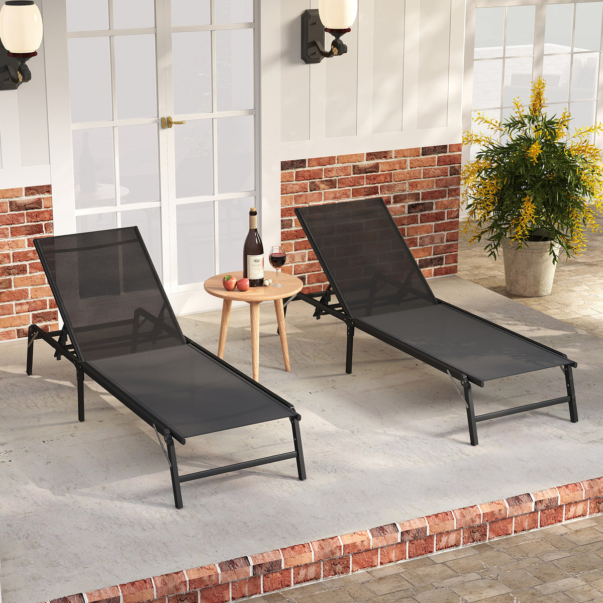 Foldable Patio Chaise Lounge Chair Set of 2 - Black