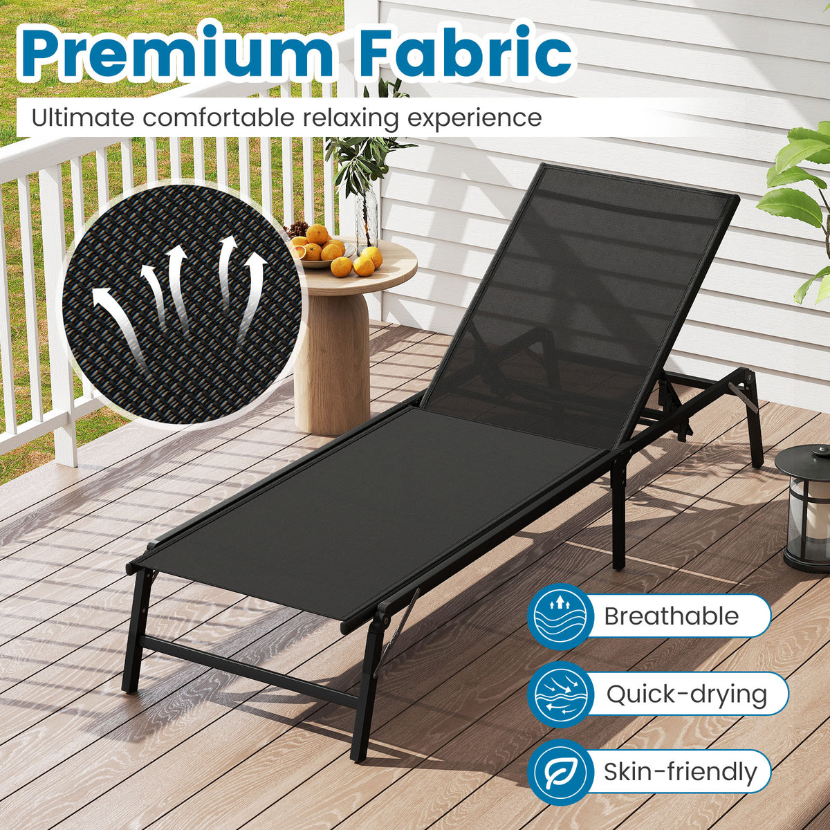 Foldable Patio Chaise Lounge Chair Set of 2 - Black