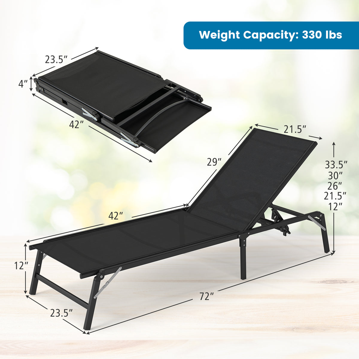Foldable Patio Chaise Lounge Chair Set of 2 - Black