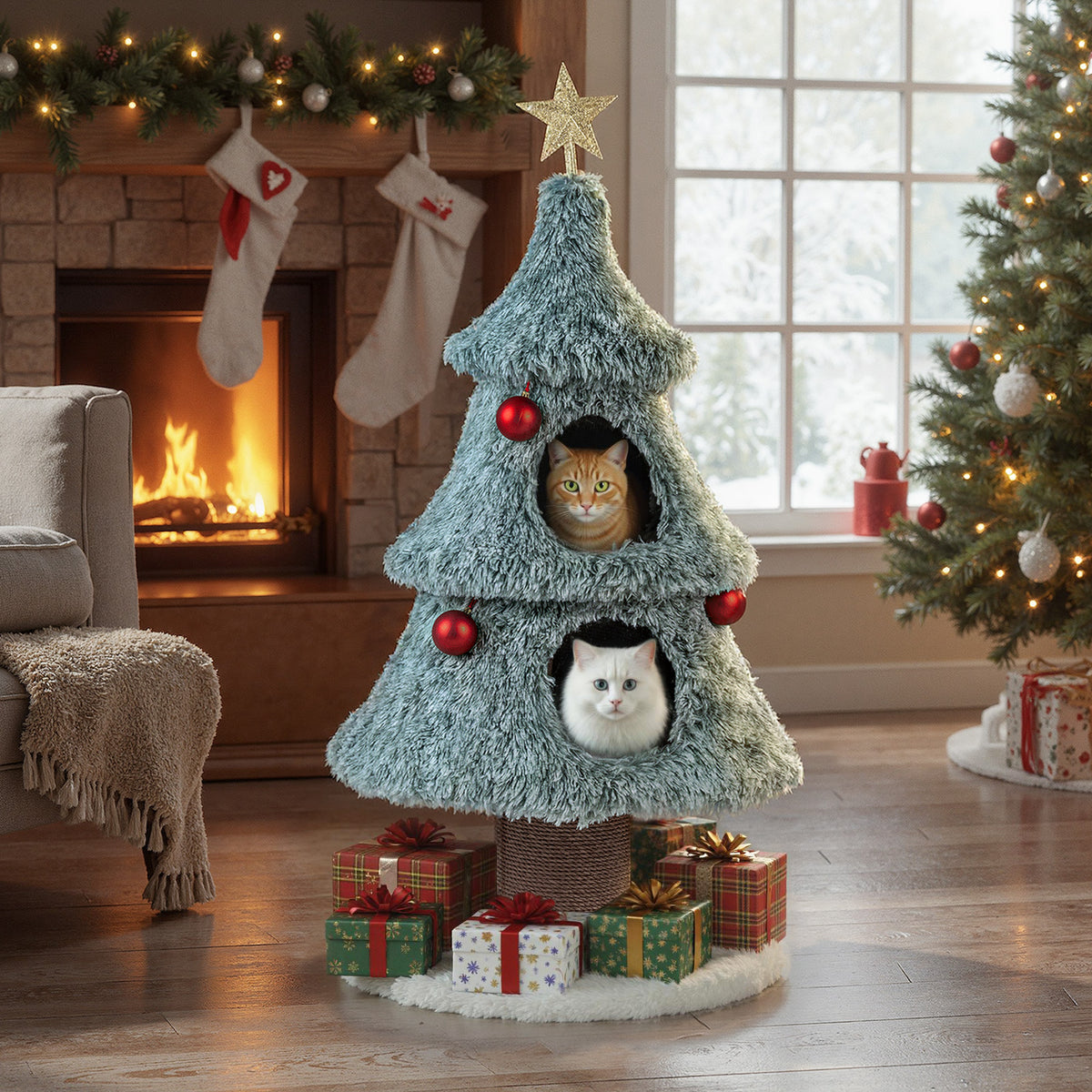 Christmas Cat Tree for Indoor Cats 48.5-Inch Green Cat Tower with 2 Condos & Scratching Post - Festive Cat Furniture