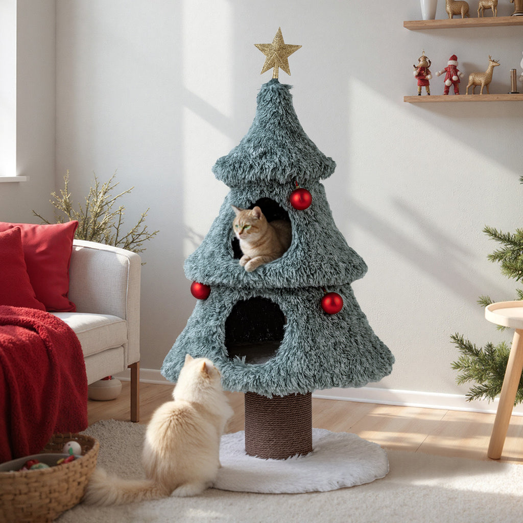 Christmas Cat Tree for Indoor Cats 48.5-Inch Green Cat Tower with 2 Condos & Scratching Post - Festive Cat Furniture