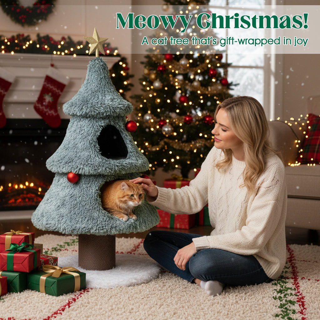 Christmas Cat Tree for Indoor Cats 48.5-Inch Green Cat Tower with 2 Condos & Scratching Post - Festive Cat Furniture