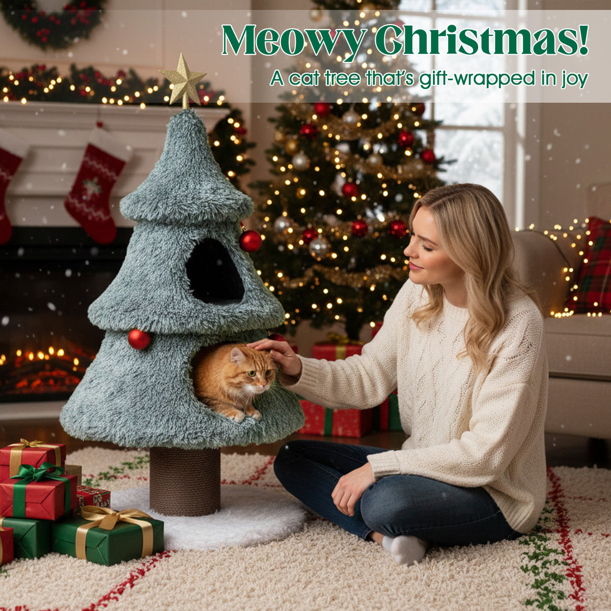 Christmas Cat Tree for Indoor Cats 48.5-Inch Green Cat Tower with 2 Condos & Scratching Post - Festive Cat Furniture