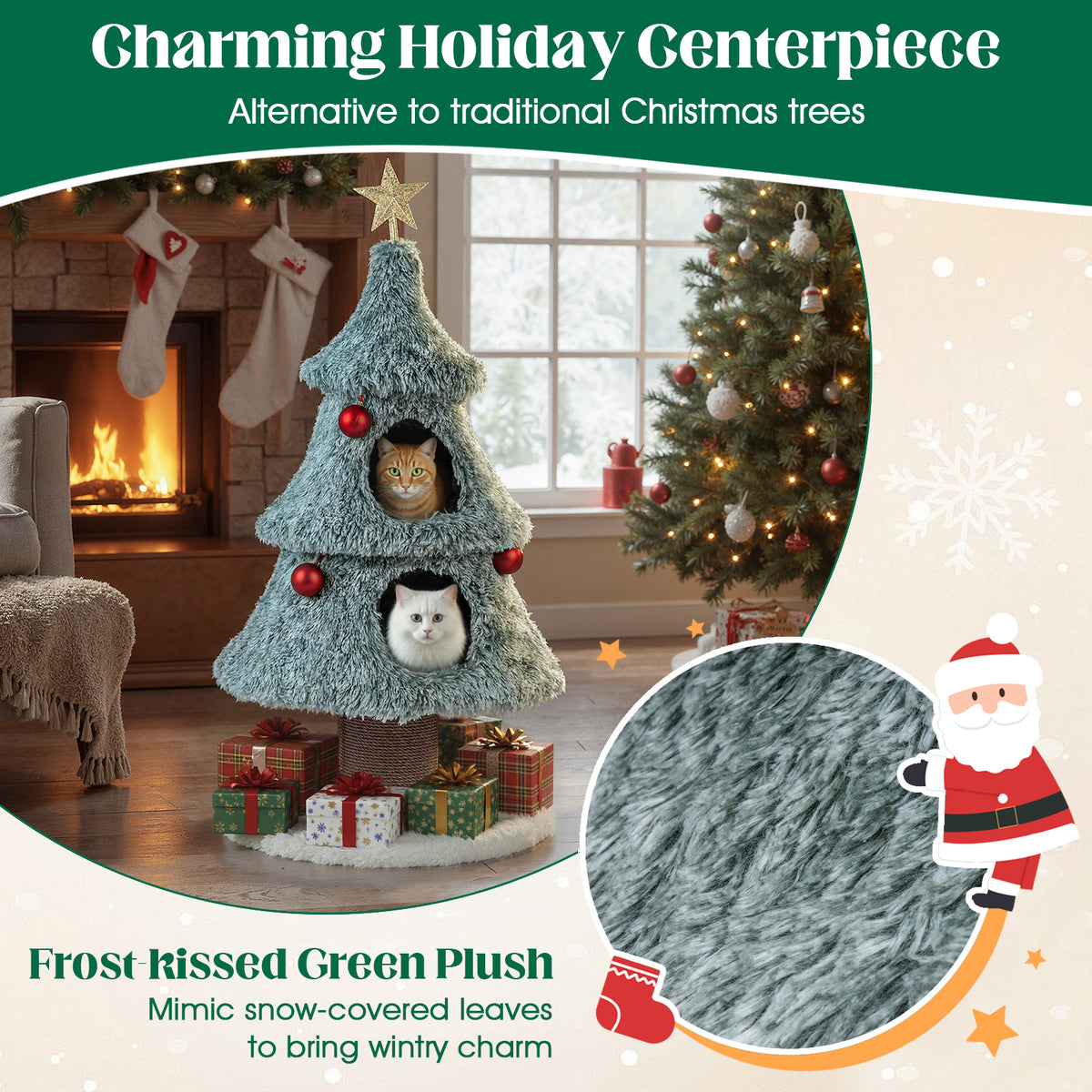 Christmas Cat Tree for Indoor Cats 48.5-Inch Green Cat Tower with 2 Condos & Scratching Post - Festive Cat Furniture