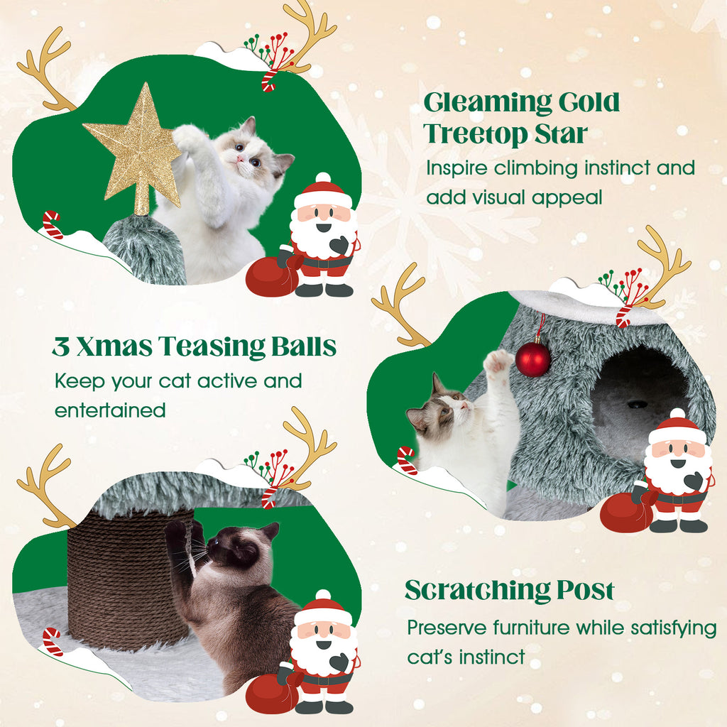 Christmas Cat Tree for Indoor Cats 48.5-Inch Green Cat Tower with 2 Condos & Scratching Post - Festive Cat Furniture