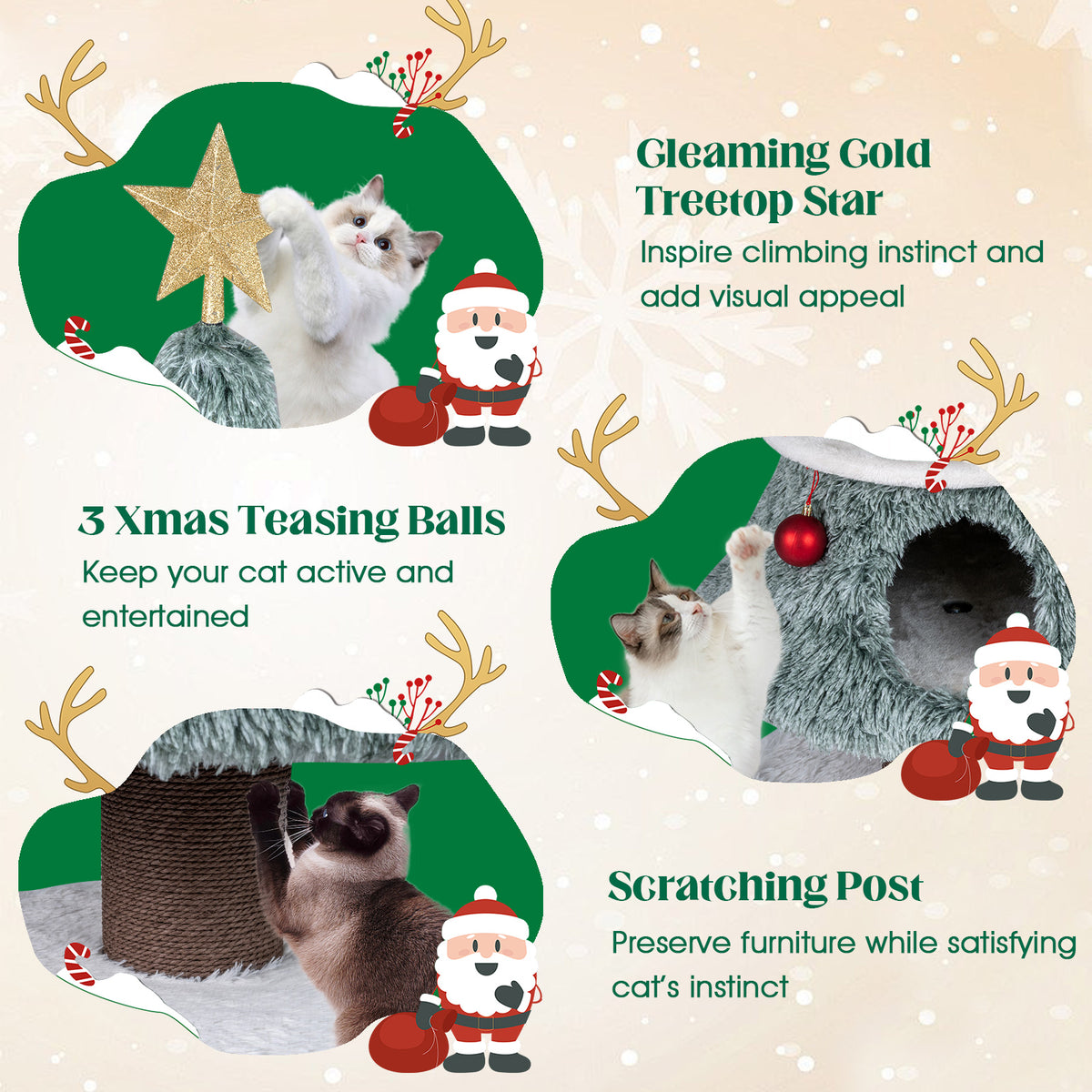 Christmas Cat Tree for Indoor Cats 48.5-Inch Green Cat Tower with 2 Condos & Scratching Post - Festive Cat Furniture