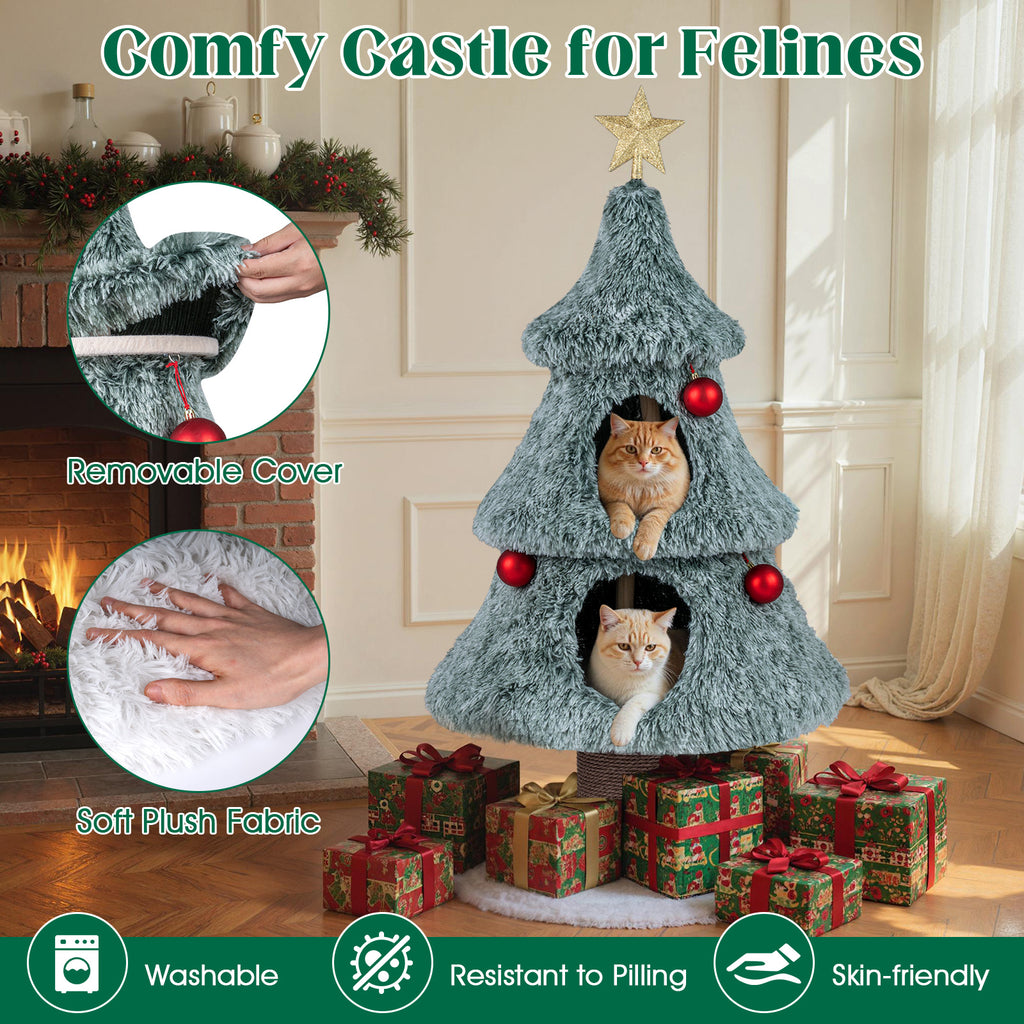 Christmas Cat Tree for Indoor Cats 48.5-Inch Green Cat Tower with 2 Condos & Scratching Post - Festive Cat Furniture