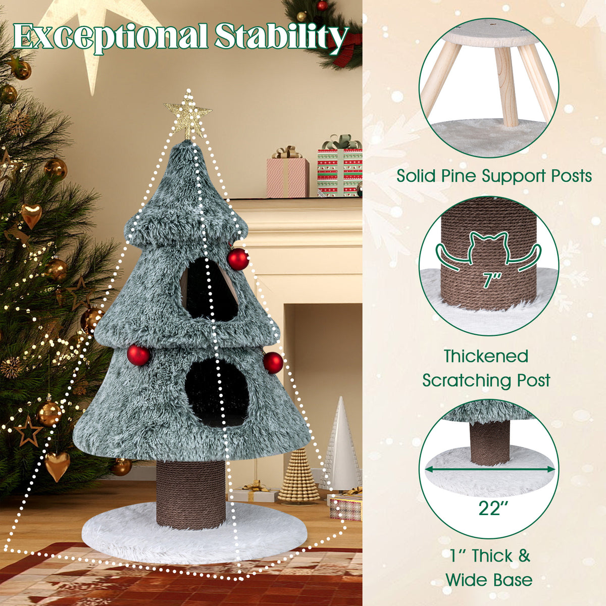 Christmas Cat Tree for Indoor Cats 48.5-Inch Green Cat Tower with 2 Condos & Scratching Post - Festive Cat Furniture