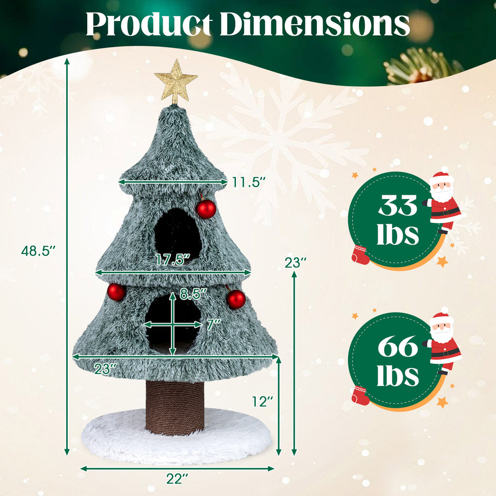 Christmas Cat Tree for Indoor Cats 48.5-Inch Green Cat Tower with 2 Condos & Scratching Post - Festive Cat Furniture