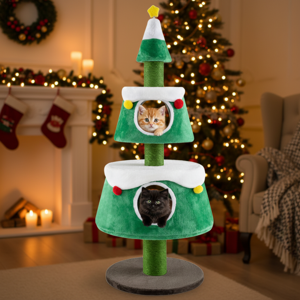 Christmas Cat Tree for Indoor Cats – Green Holiday Cat Tower with 2 Condos & Plush Beds