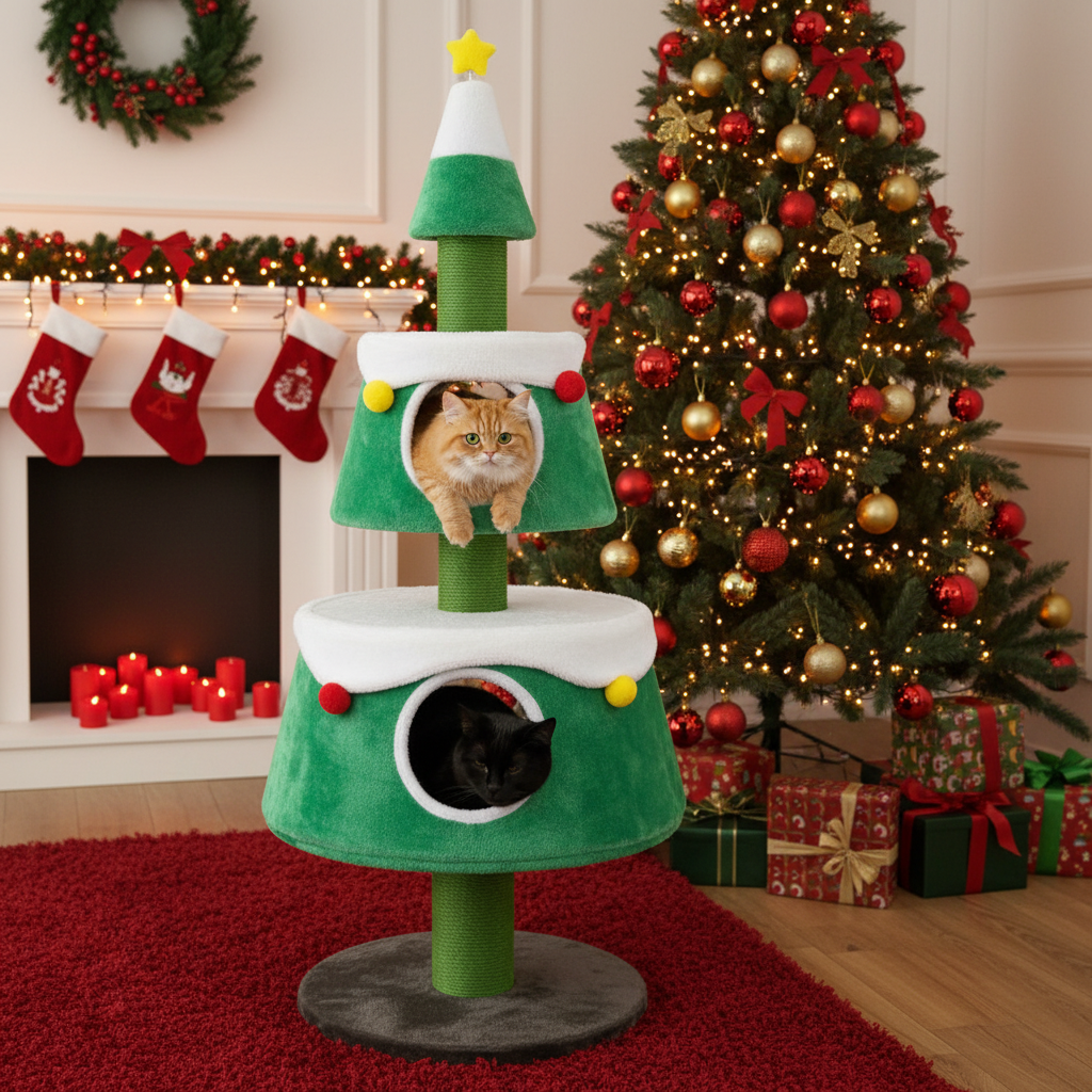 Christmas Cat Tree for Indoor Cats – Green Holiday Cat Tower with 2 Condos & Plush Beds