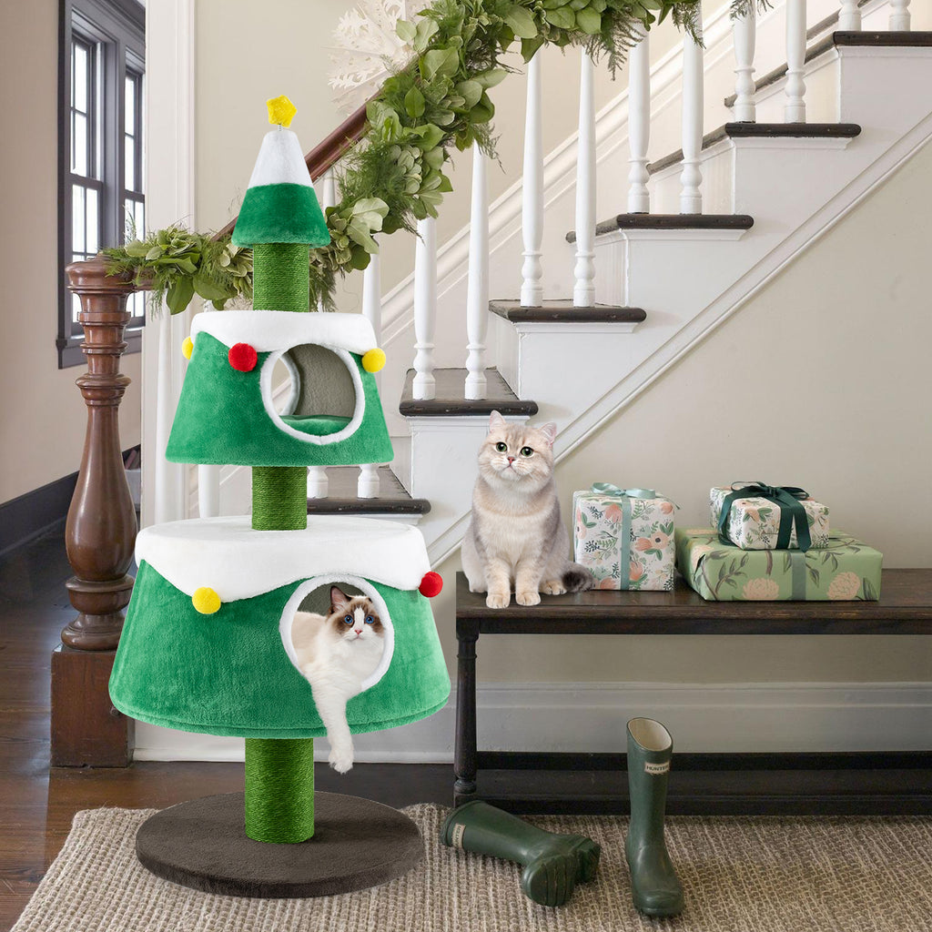 Christmas Cat Tree for Indoor Cats – Green Holiday Cat Tower with 2 Condos & Plush Beds