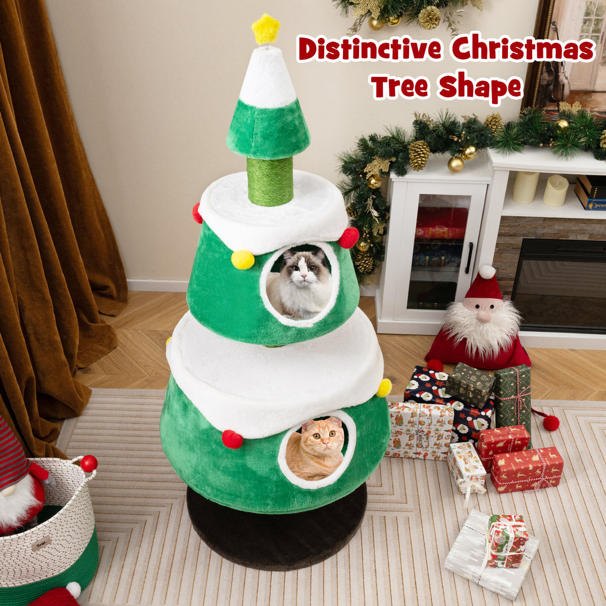 Christmas Cat Tree for Indoor Cats – Green Holiday Cat Tower with 2 Condos & Plush Beds