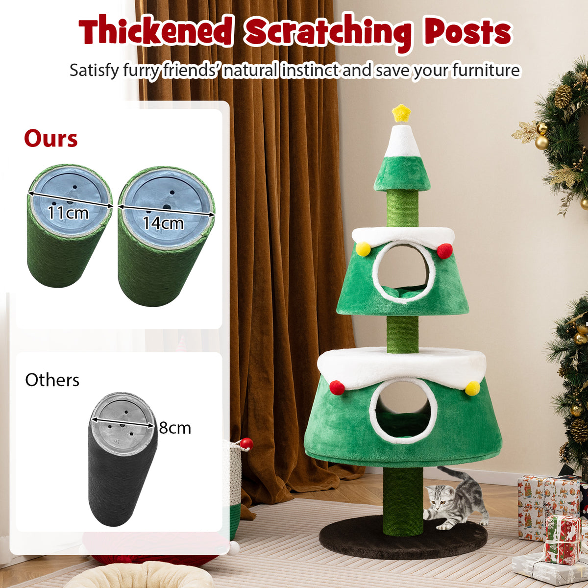 Christmas Cat Tree for Indoor Cats – Green Holiday Cat Tower with 2 Condos & Plush Beds