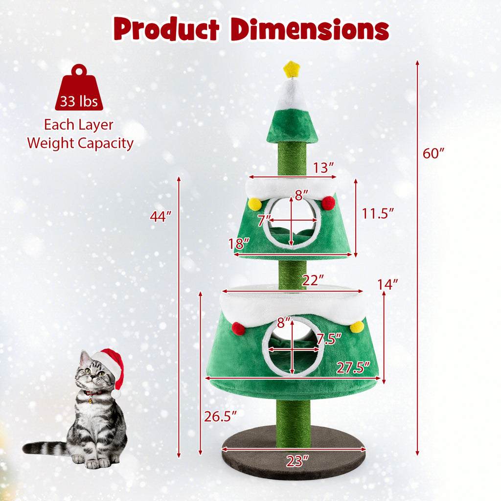 Christmas Cat Tree for Indoor Cats – Green Holiday Cat Tower with 2 Condos & Plush Beds