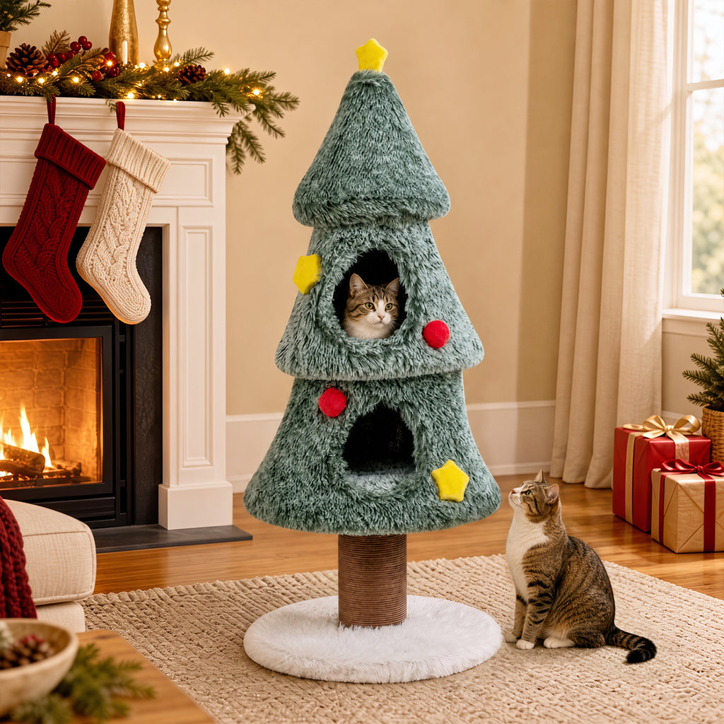 Christmas Cat Tree with 2 Condos Scratching Post and Decorative Stars - Green