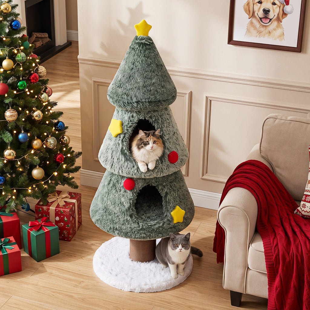 Christmas Cat Tree with 2 Condos Scratching Post and Decorative Stars - Green