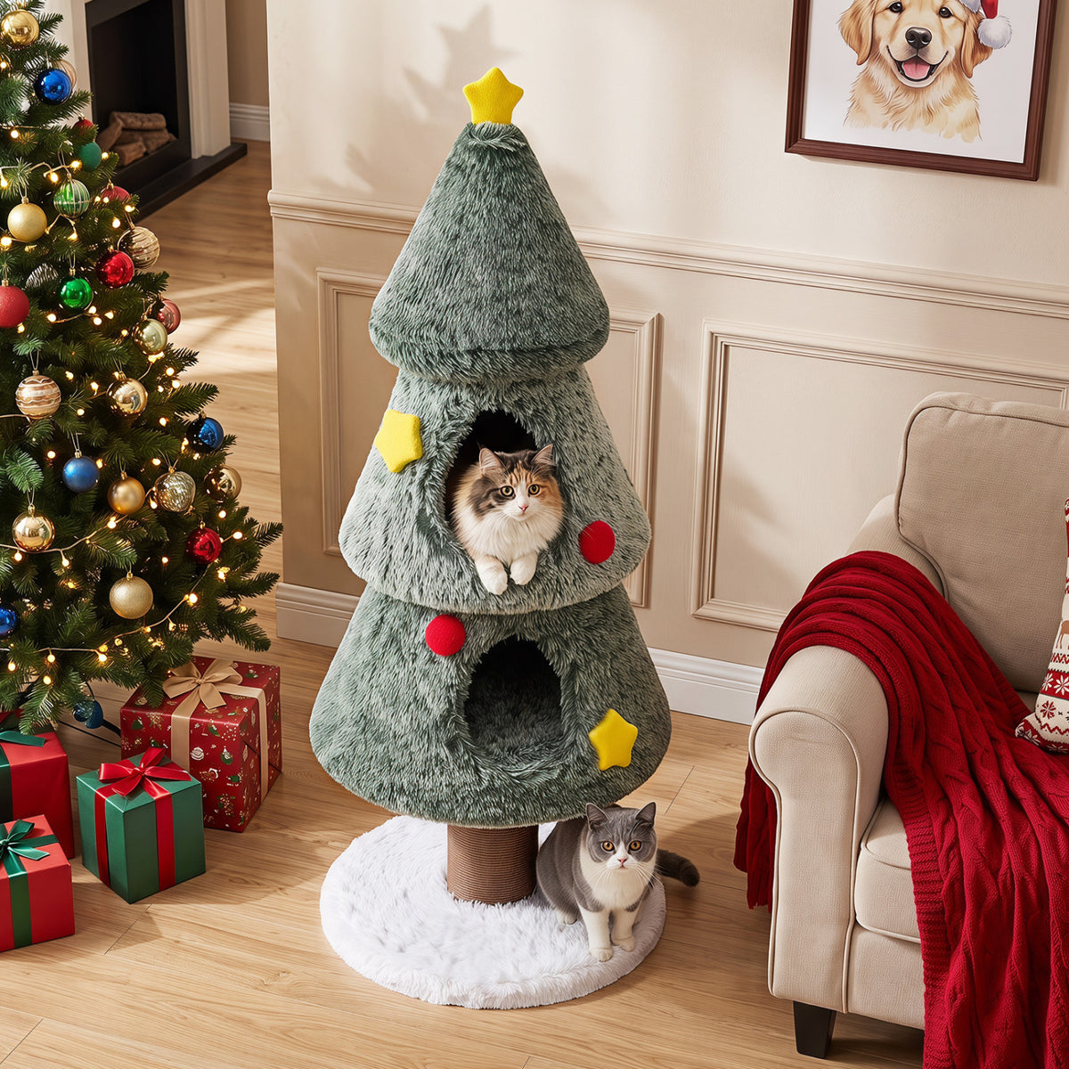 Christmas Cat Tree with 2 Condos Scratching Post and Decorative Stars - Green
