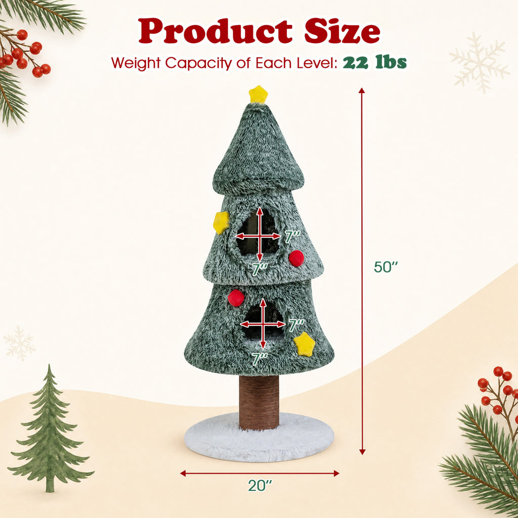 Christmas Cat Tree with 2 Condos Scratching Post and Decorative Stars - Green