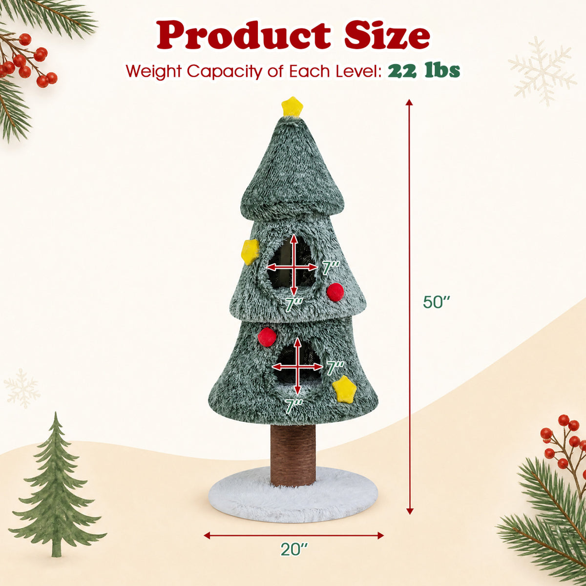 Christmas Cat Tree with 2 Condos Scratching Post and Decorative Stars - Green