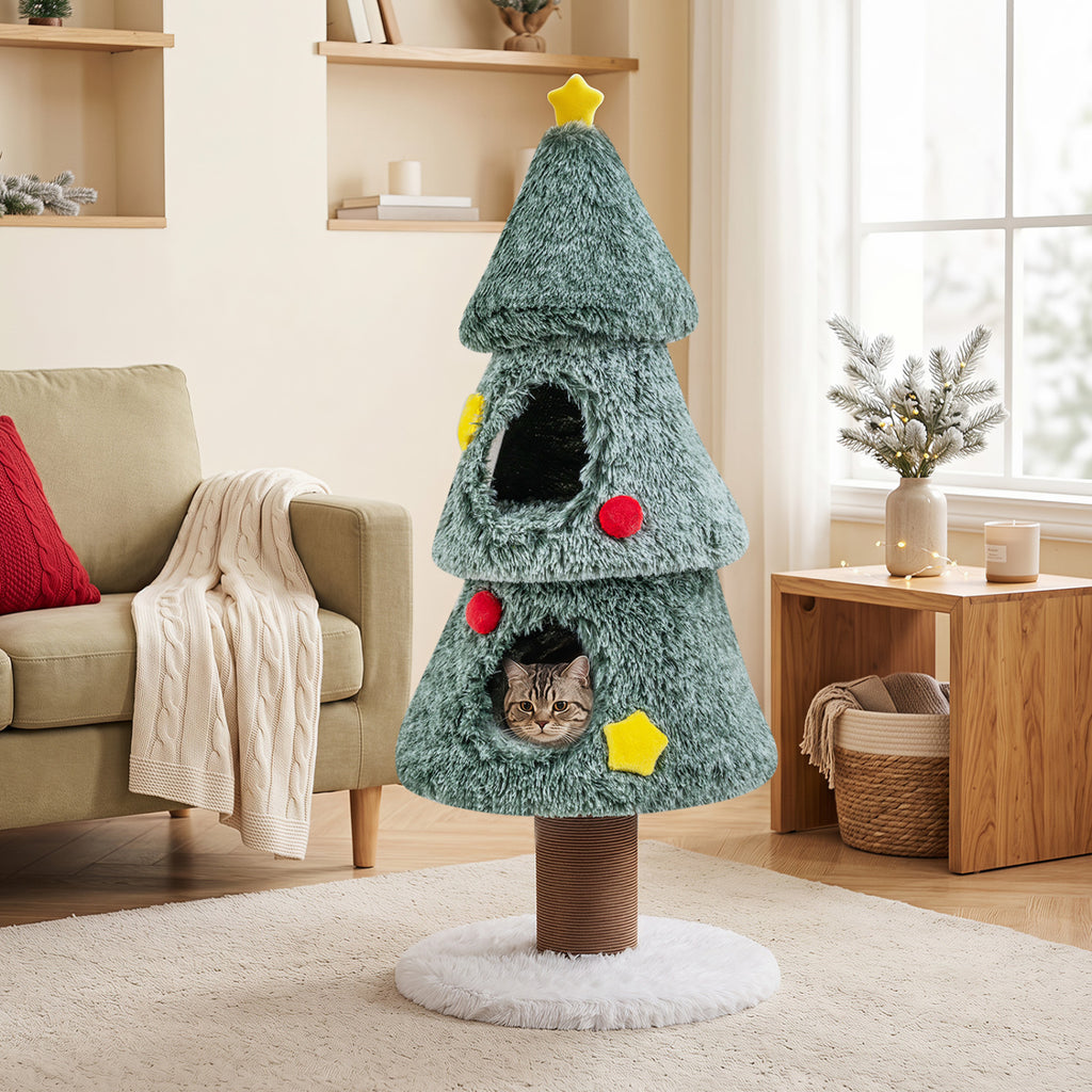 Christmas Cat Tree with 2 Condos Scratching Post and Decorative Stars - Green