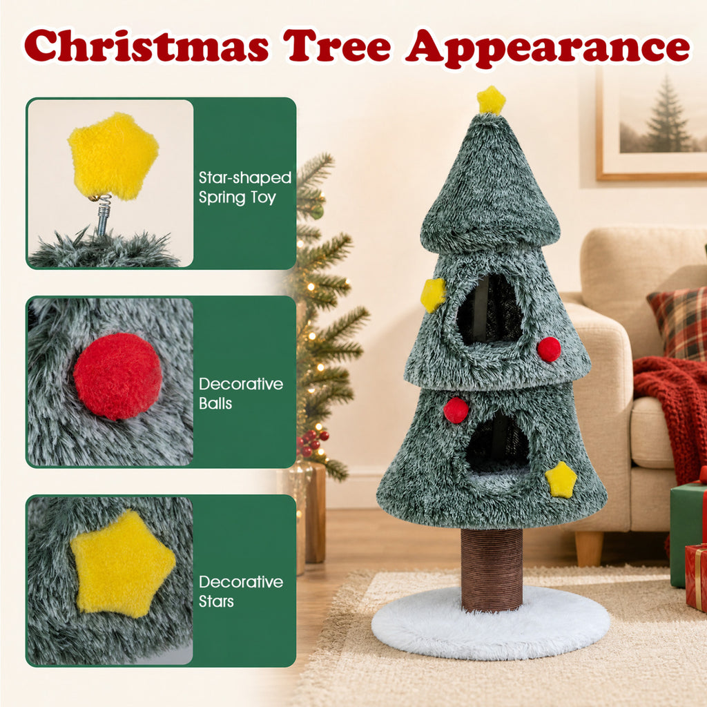 Christmas Cat Tree with 2 Condos Scratching Post and Decorative Stars - Green