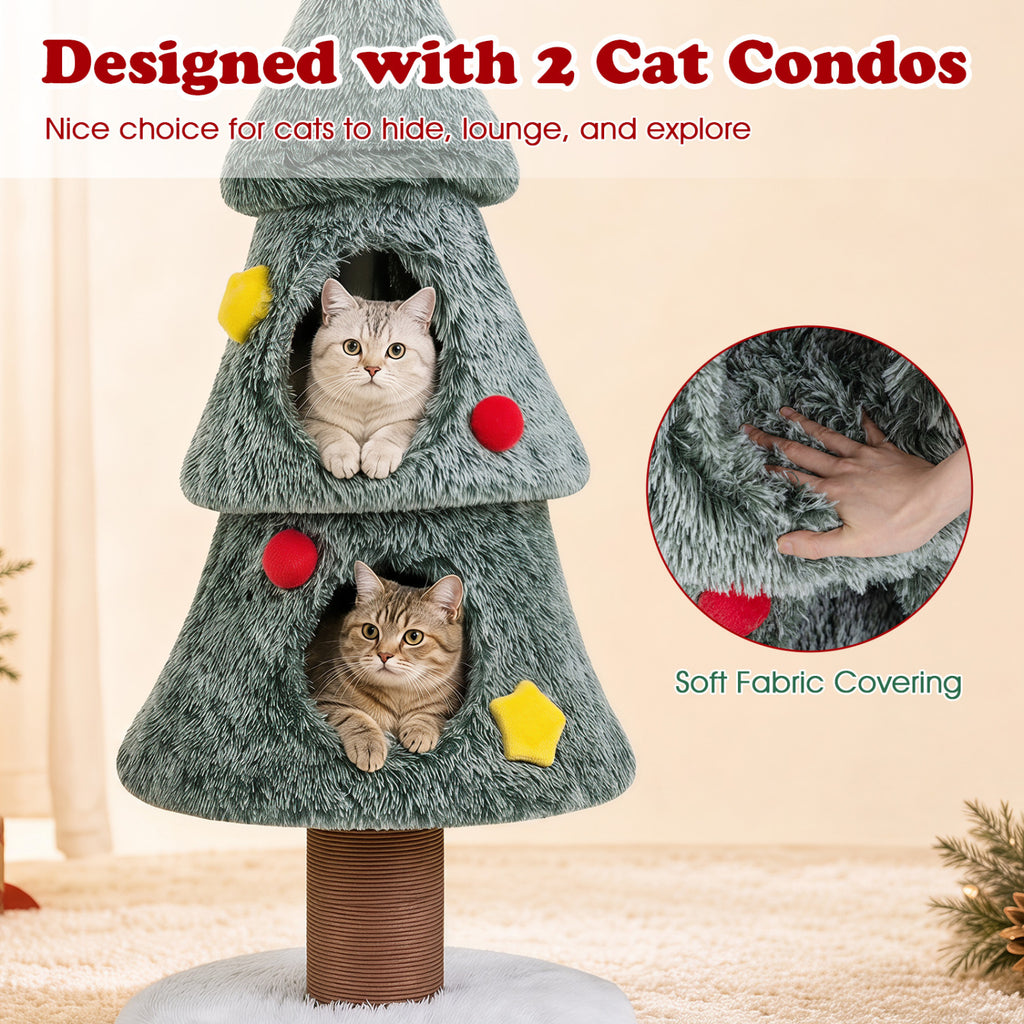 Christmas Cat Tree with 2 Condos Scratching Post and Decorative Stars - Green