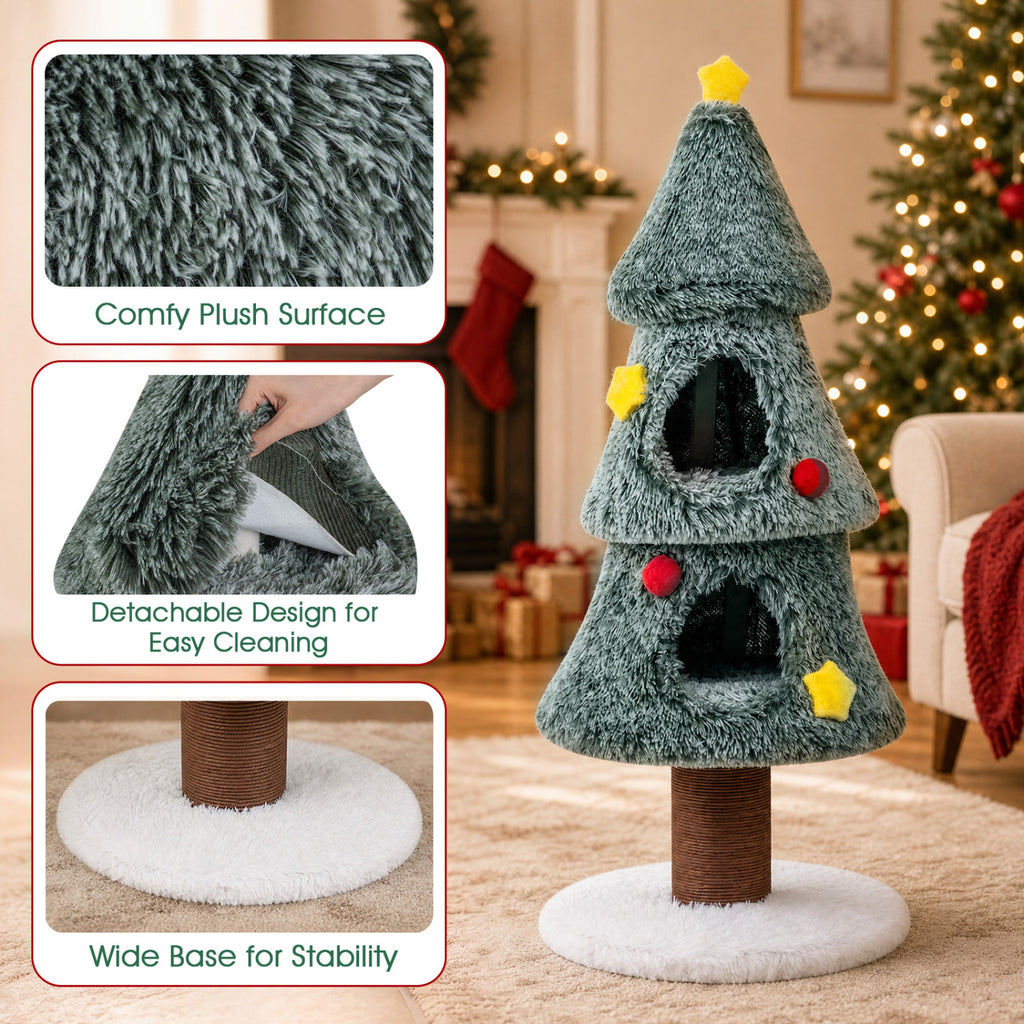 Christmas Cat Tree with 2 Condos Scratching Post and Decorative Stars - Green