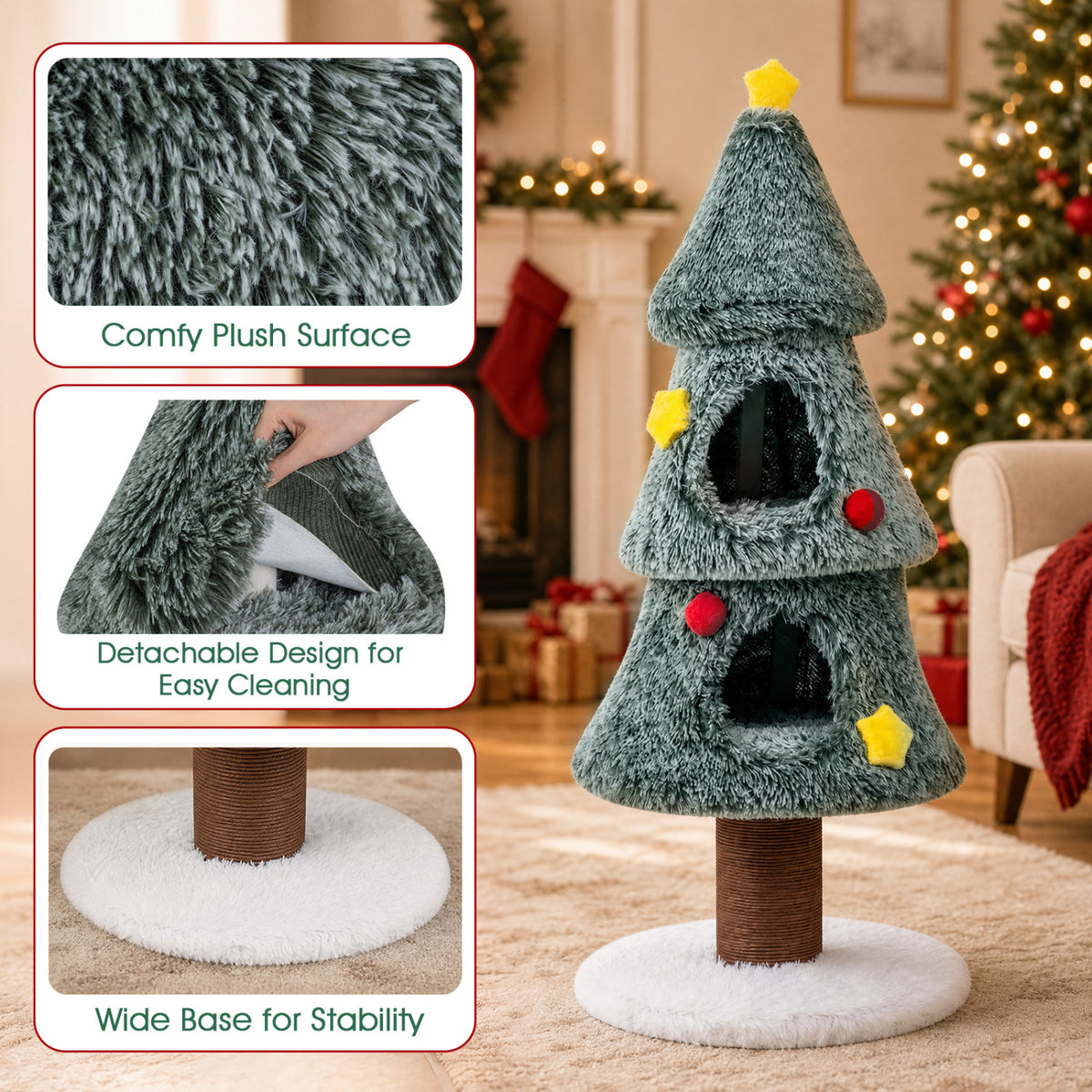 Christmas Cat Tree with 2 Condos Scratching Post and Decorative Stars - Green