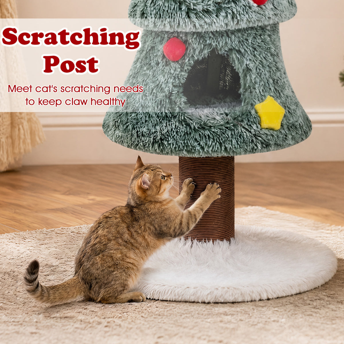 Christmas Cat Tree with 2 Condos Scratching Post and Decorative Stars - Green