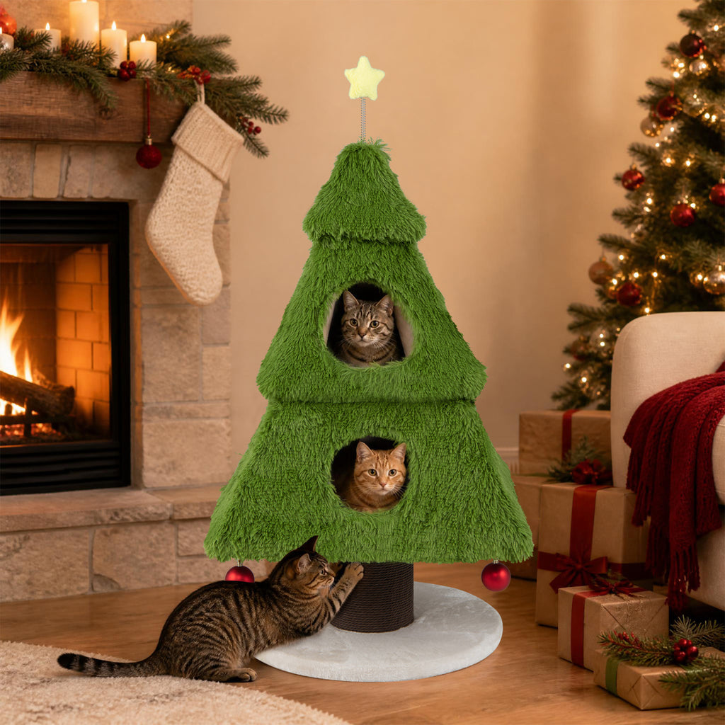 Christmas Cat Tree with Scratching Post & Dangling Balls - Green