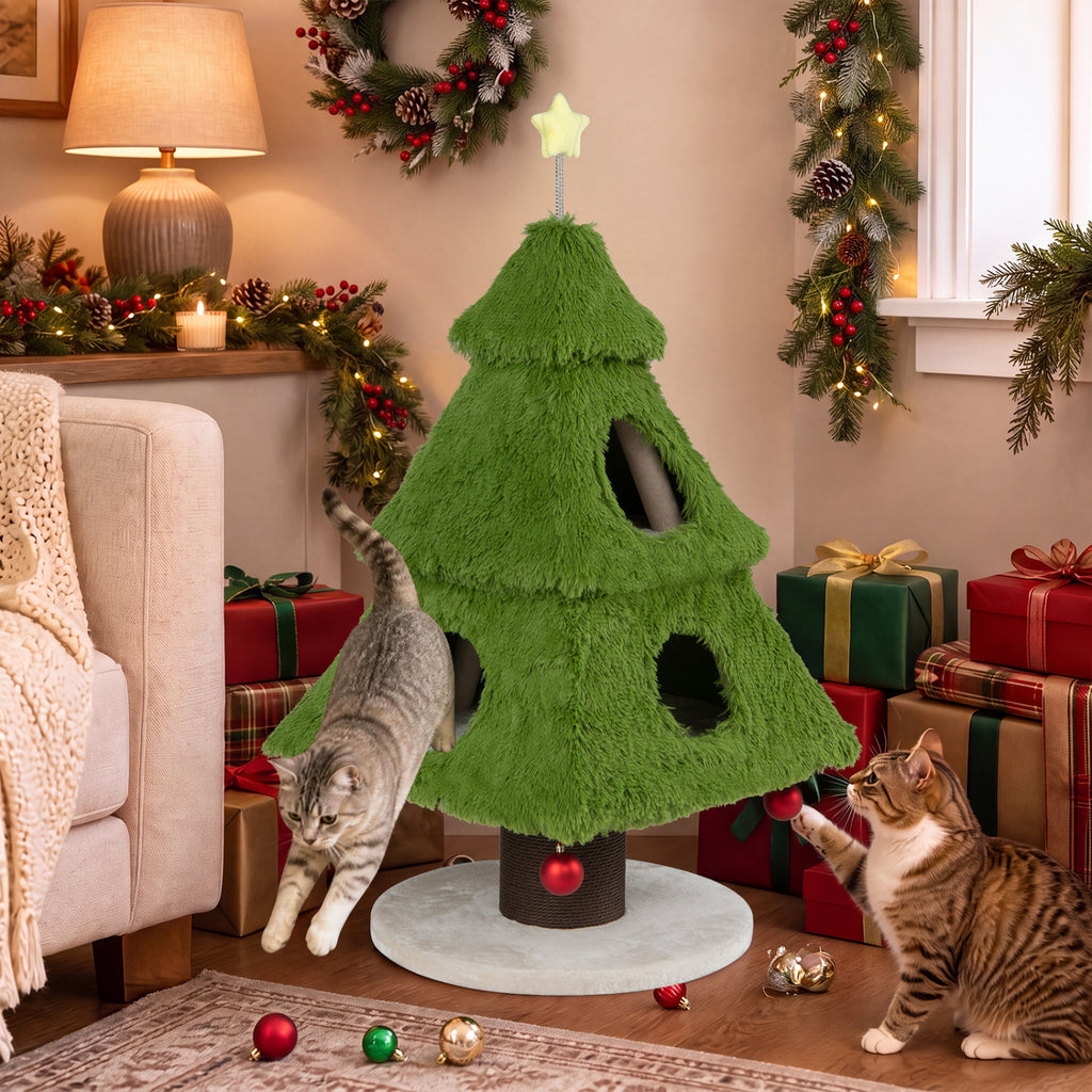 Christmas Cat Tree with Scratching Post & Dangling Balls - Green