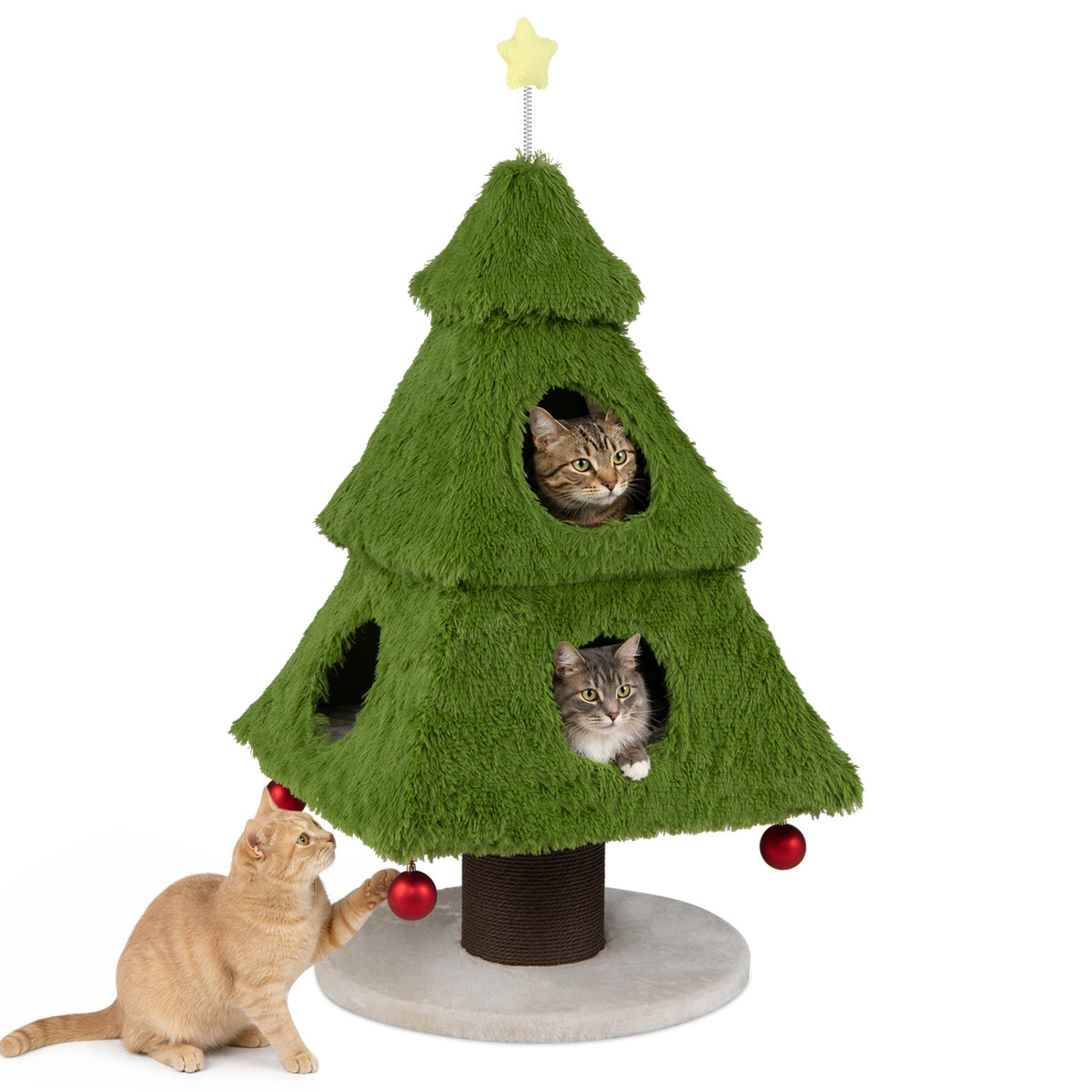 Christmas Cat Tree with Scratching Post & Dangling Balls - Green