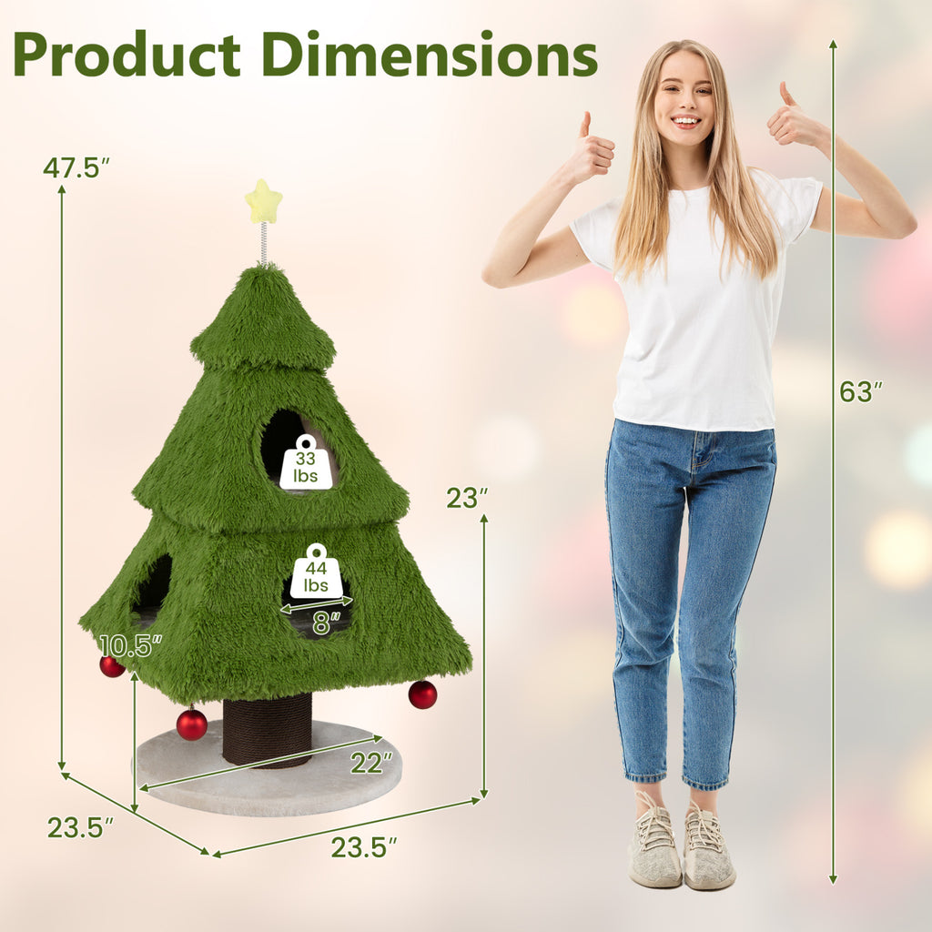 Christmas Cat Tree with Scratching Post & Dangling Balls - Green