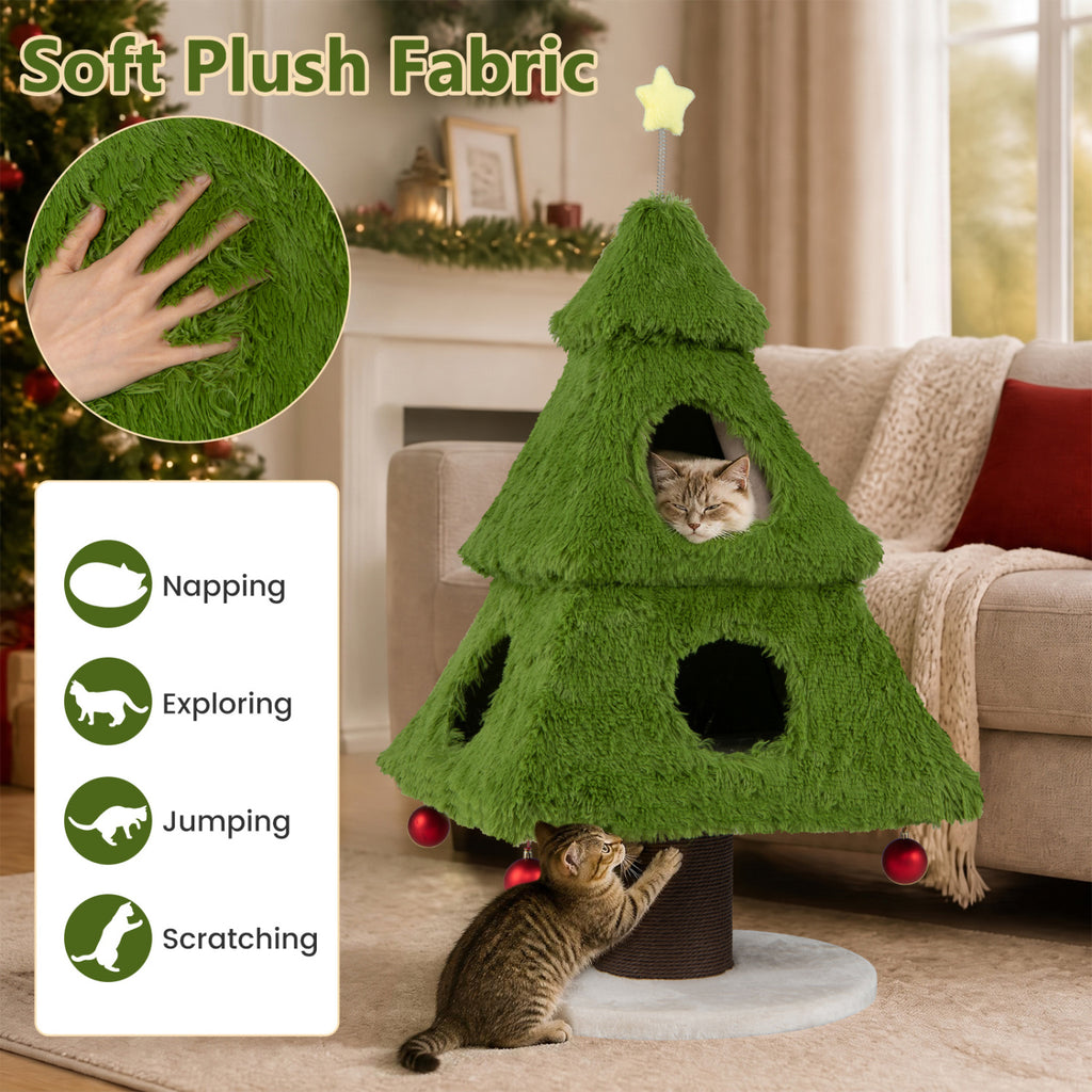 Christmas Cat Tree with Scratching Post & Dangling Balls - Green