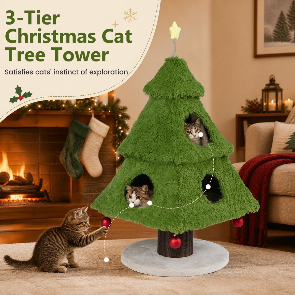 Christmas Cat Tree with Scratching Post & Dangling Balls - Green