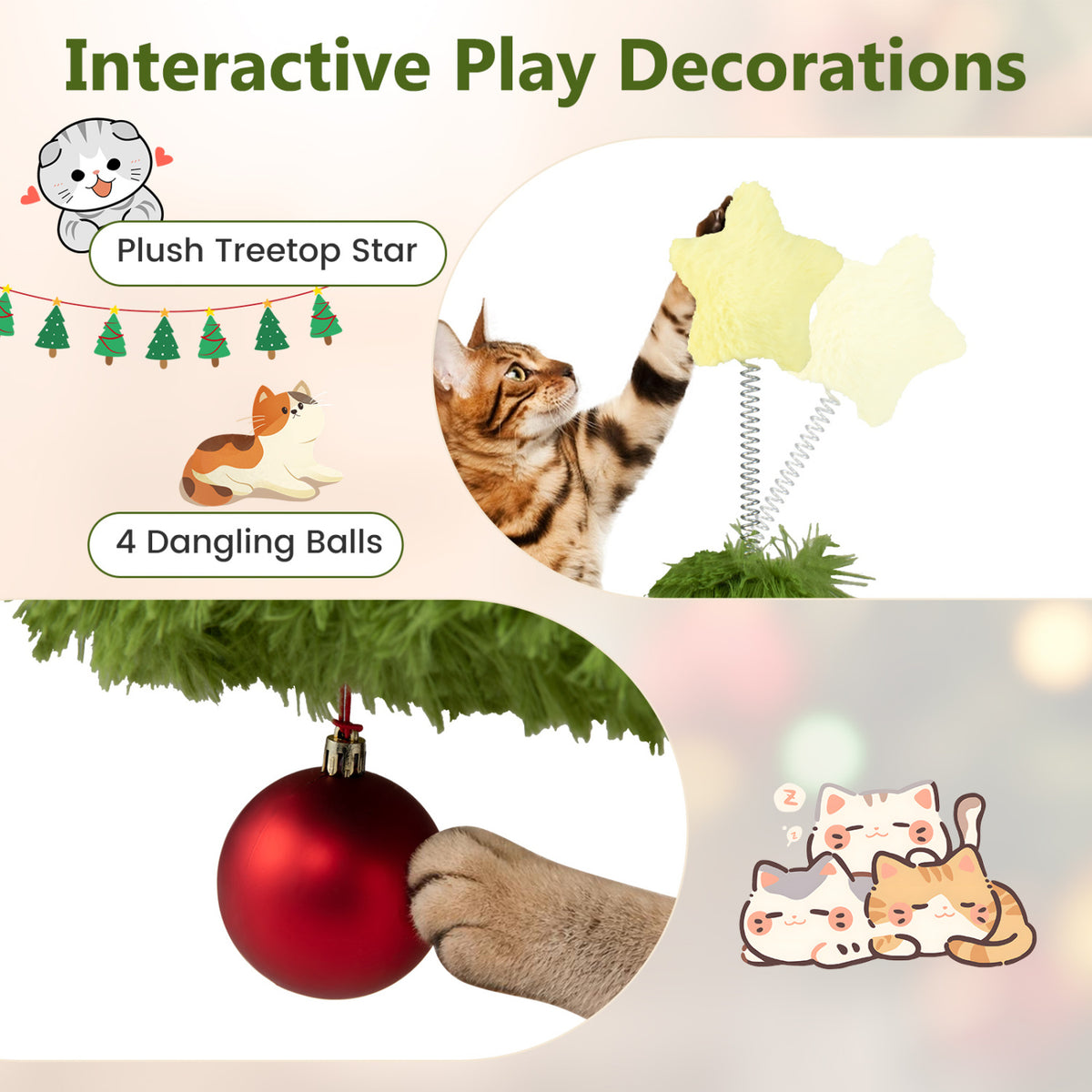 Christmas Cat Tree with Scratching Post & Dangling Balls - Green