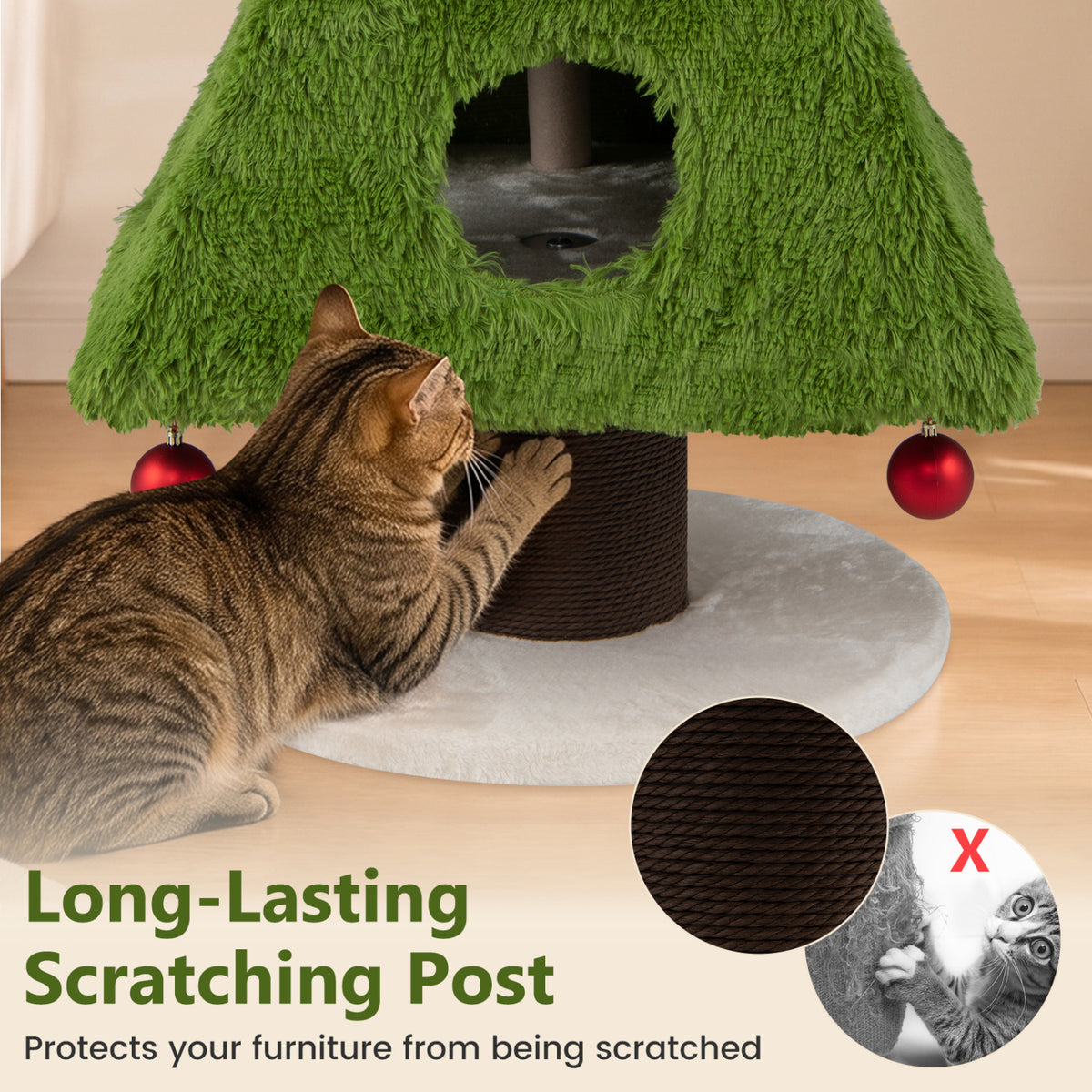 Christmas Cat Tree with Scratching Post & Dangling Balls - Green