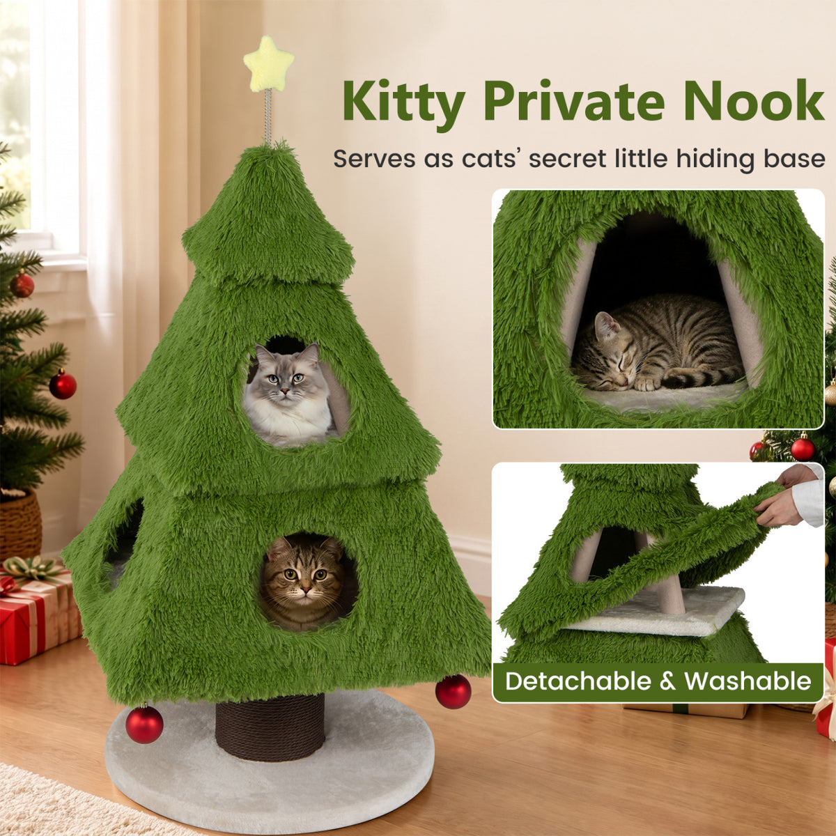 Christmas Cat Tree with Scratching Post & Dangling Balls - Green